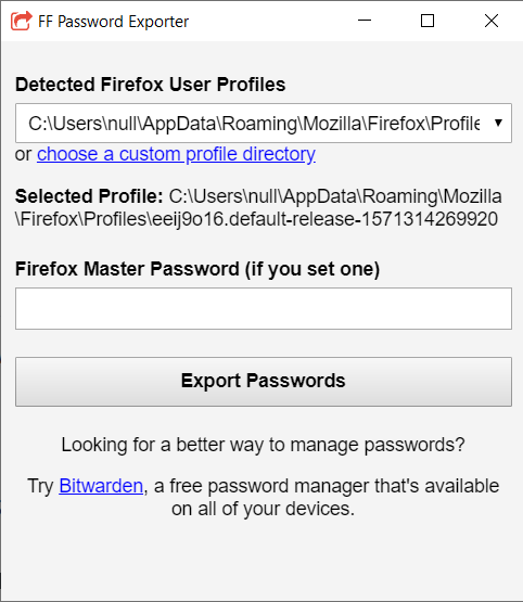 Настройки FF Pasword Exporter